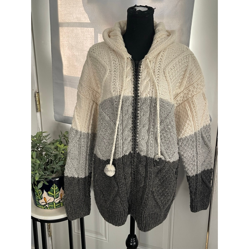 Sisandina 100% Wool Hooded Sweater Zip Cardigan Chunky Knit Gray Cream Ecuador L